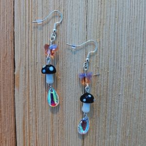 Butterfly and mushroom drop earrings